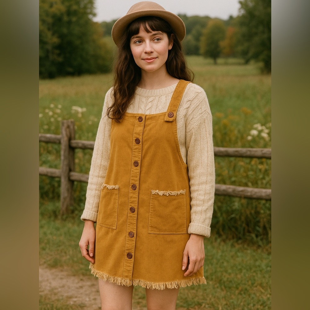 Big Water Blue Sky Mustard Corduroy Pinafore‎ Dress M Button Front Fringe Hem